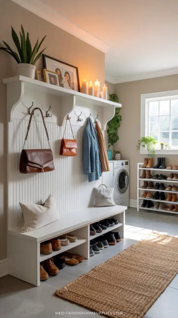 hooks on hall tree in a mudroom laundry combo room