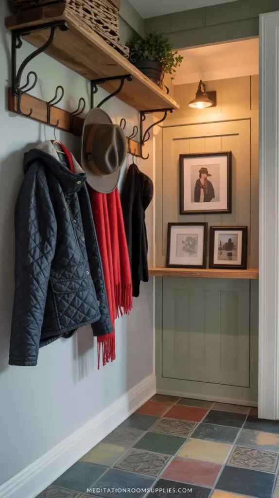 shelf with hooks on a mini mudroom entryway
