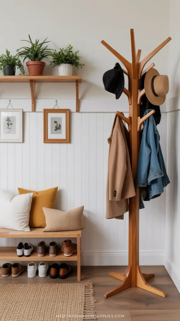 Sturdy wooden coat tree with 8 hooks in a mudroom