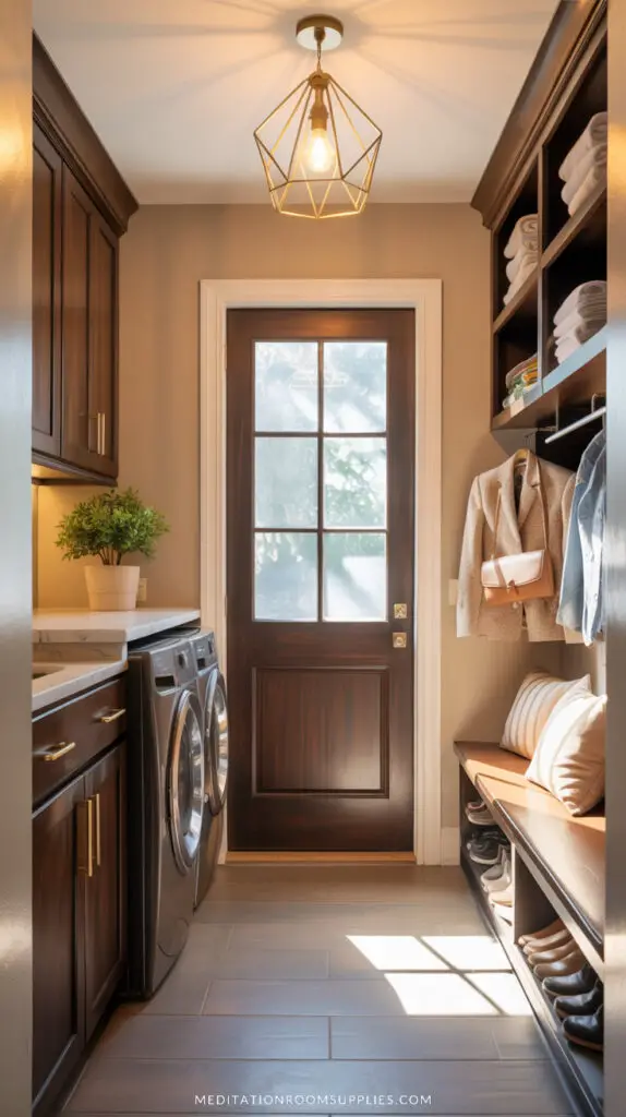 narrow laundry room in mudroom with geometric light fixture