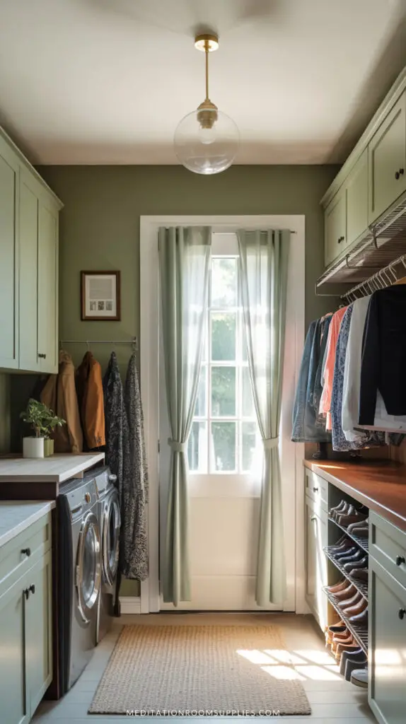 sage green mudroom with laundry room