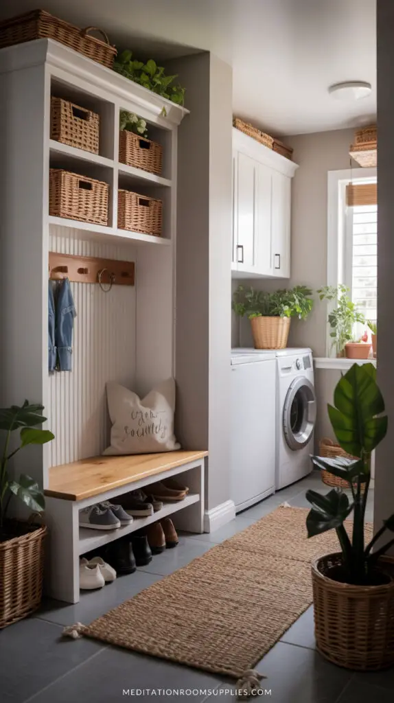 mudroom with storage, shoe rack and washer and laundry