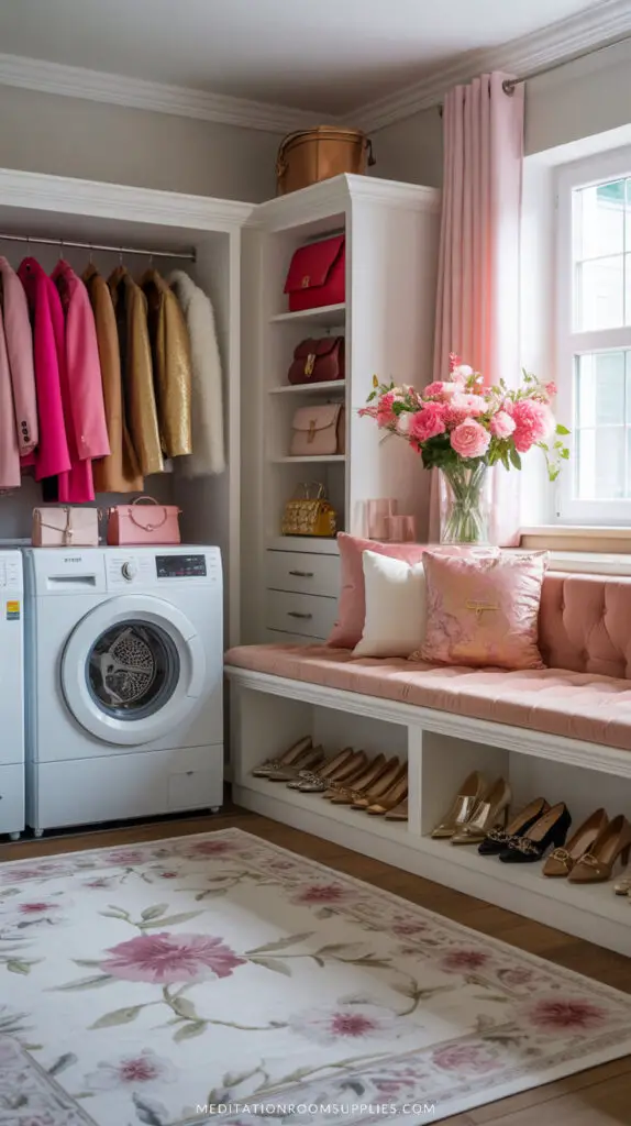 dreamy mudroom laundry room with pink pillows, floral rug