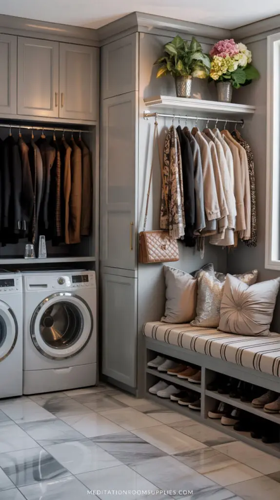 mudroom with bench with padded cushion shoe rack under it