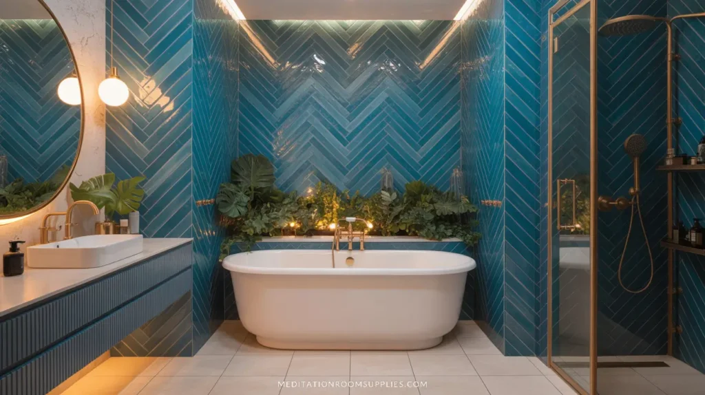 elegant bathroom decor with blue tiles, bathtub modern bathroom