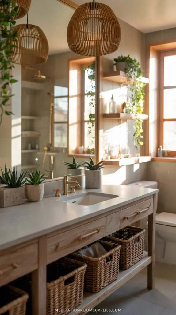trendy bathroom decor with baskets for storage under wooden vanity