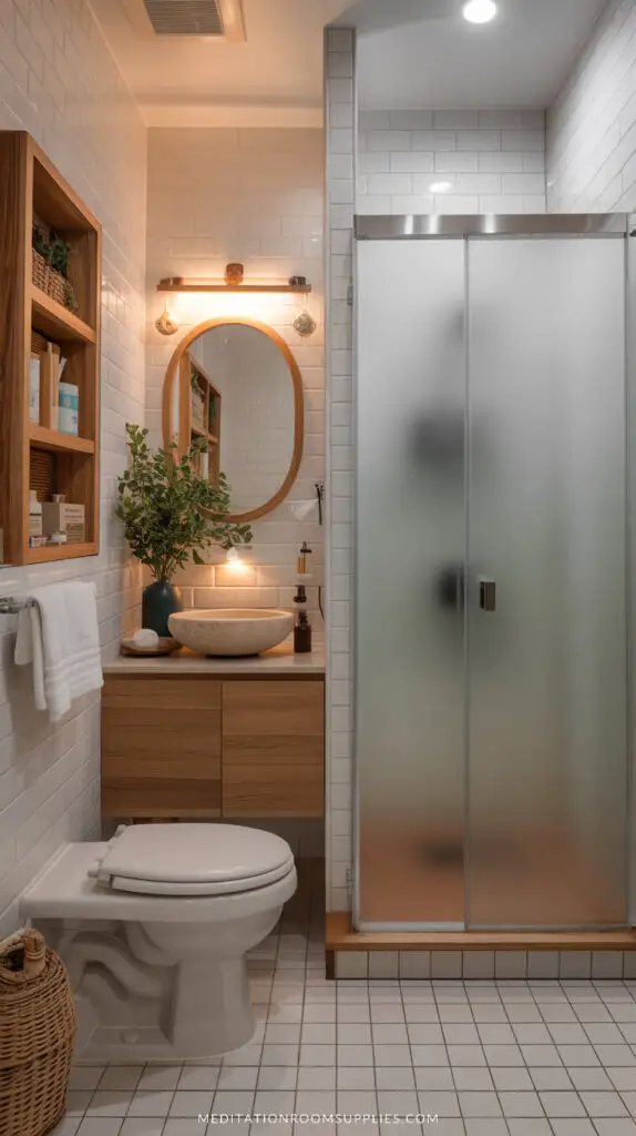 apartment bathroom with frosted glass door and wooden vanity