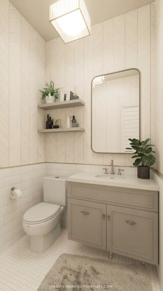 modern half bathroom with gray vanity