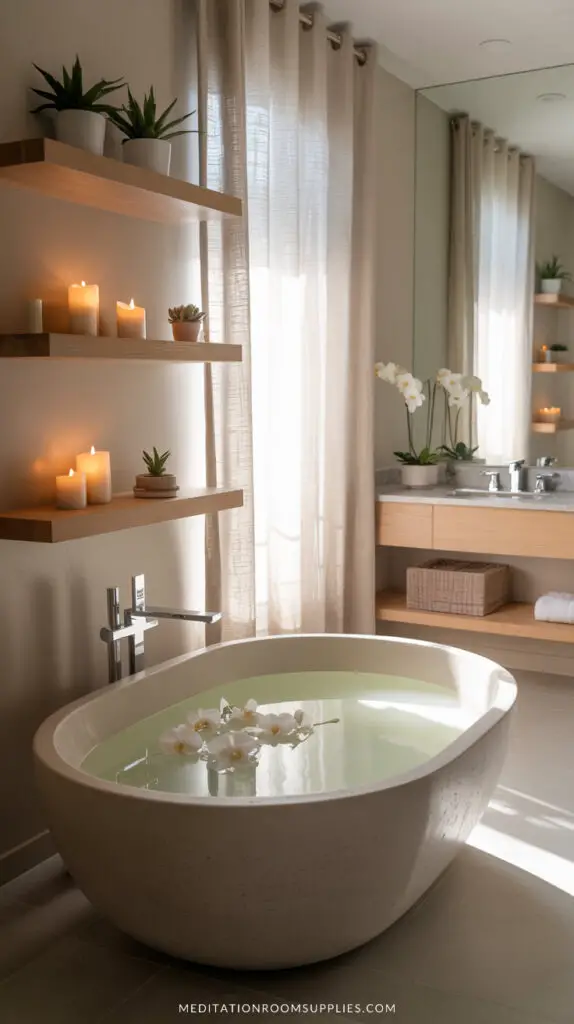 calming spa like bathroom with bathtub and floating shelves