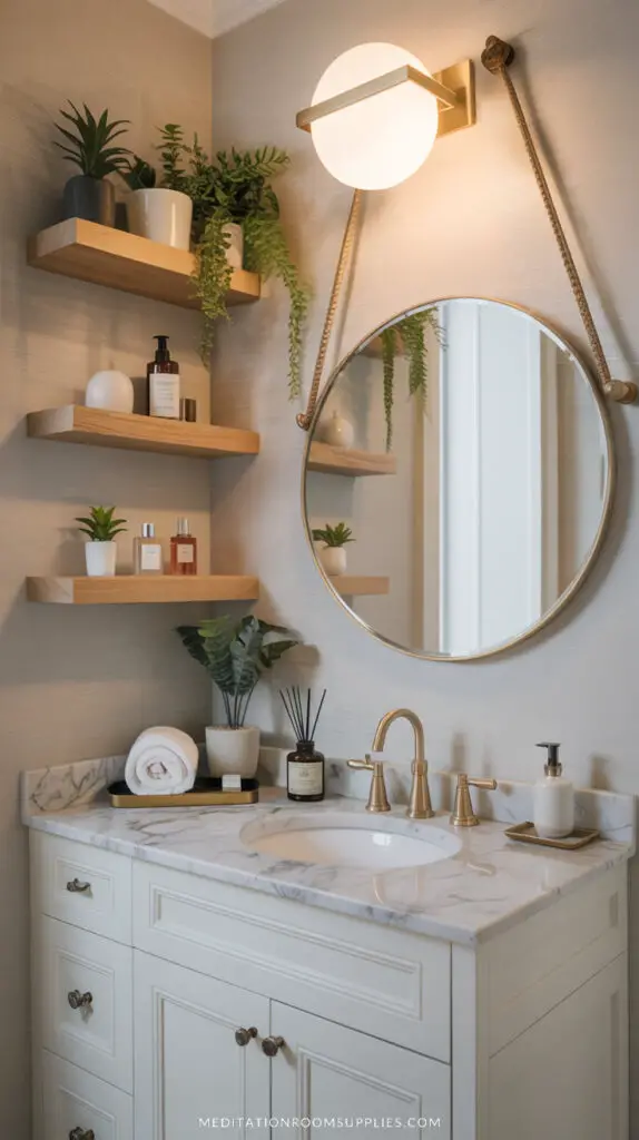 elegant bathroom sink with shelf decor and round mirror