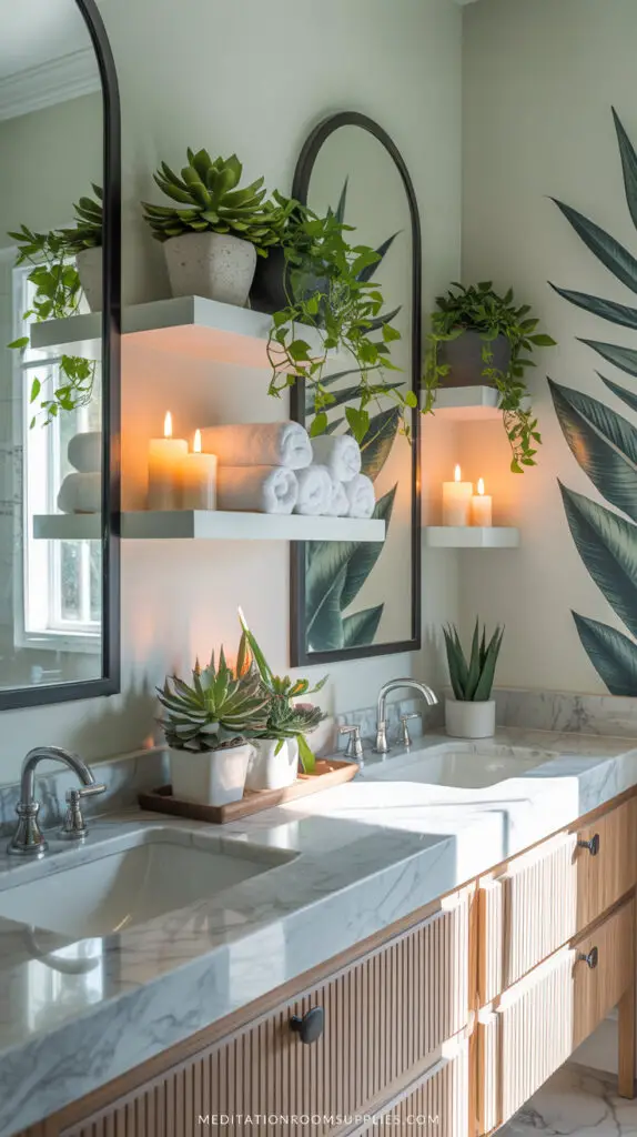 botanical bathroom wall decor with plants and arched mirrors