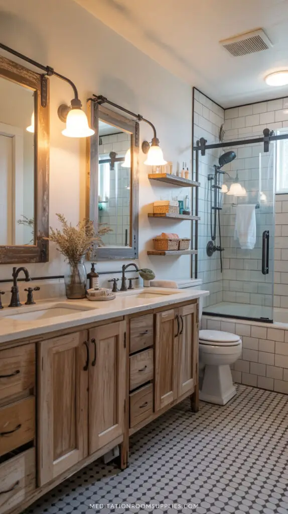 farmhouse bathroom decor with twin sinks