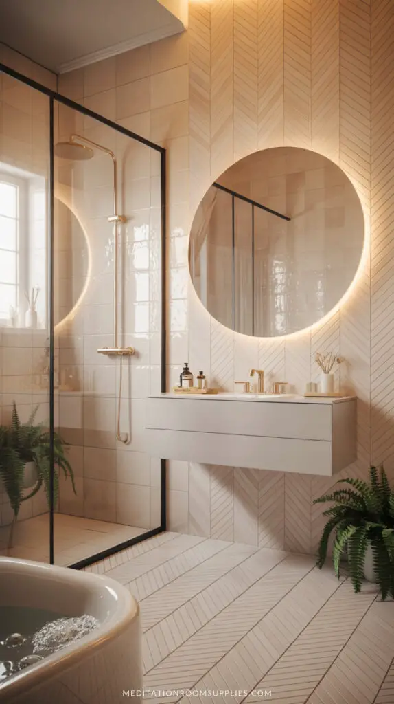 serene neutral bathroom with bathtub and shower
