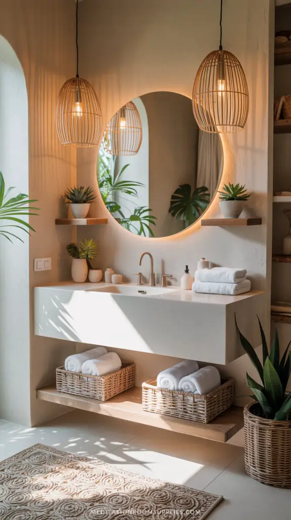 small bathroom with organized shelf with baskets with towels