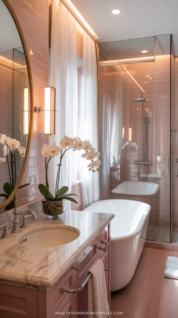 pink bathroom with white bathtub and shower