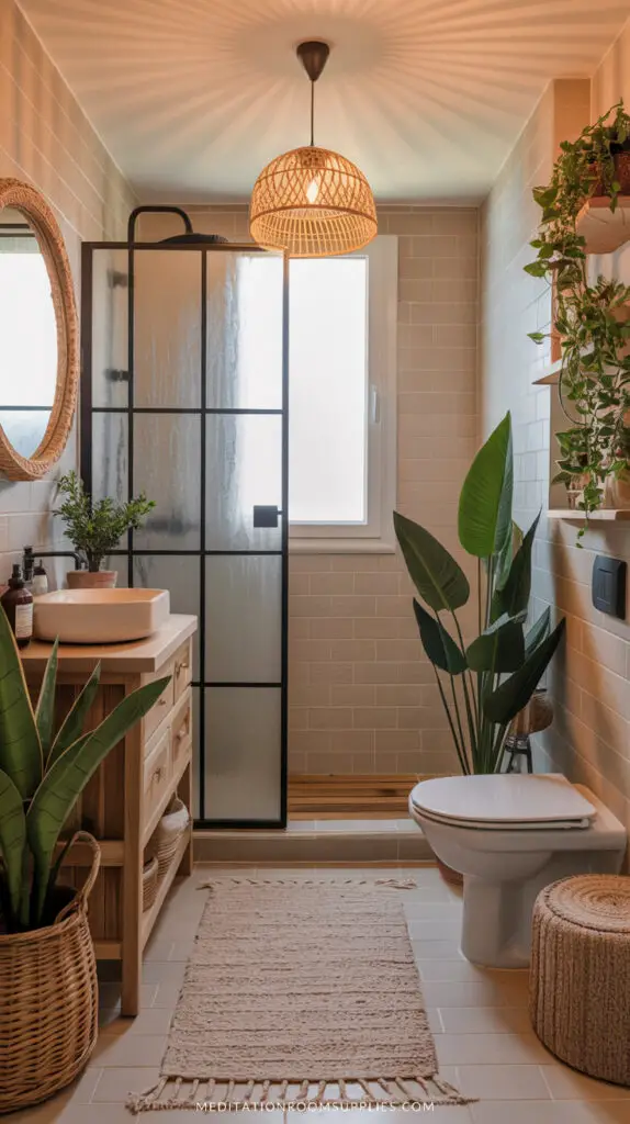 small full bathroom with boho decor rattan pendant light