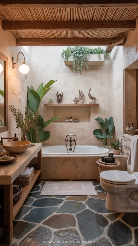 cozy boho bathroom with stone floor and bathtub