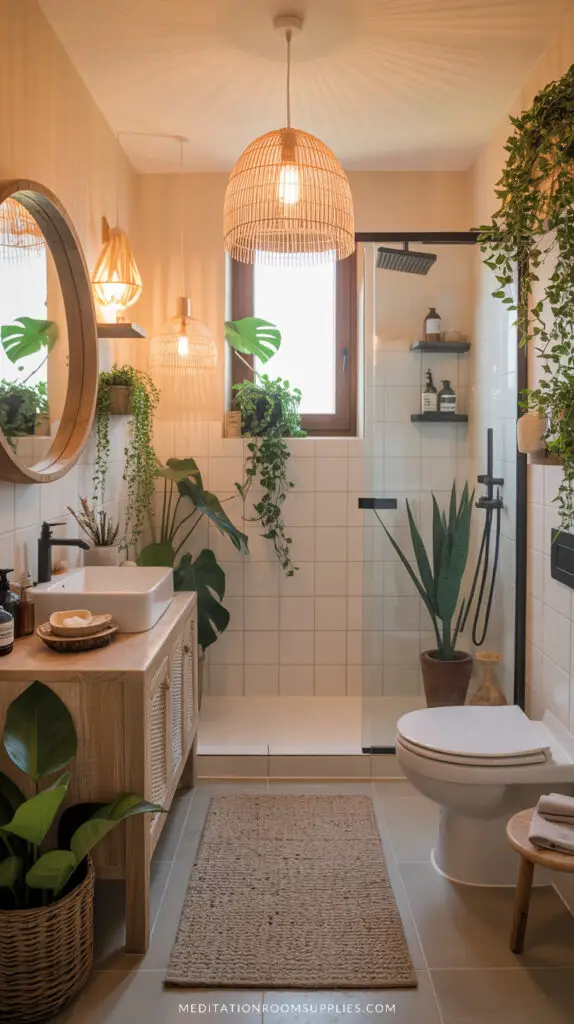 boho bathroom with round mirror and wooden vanity