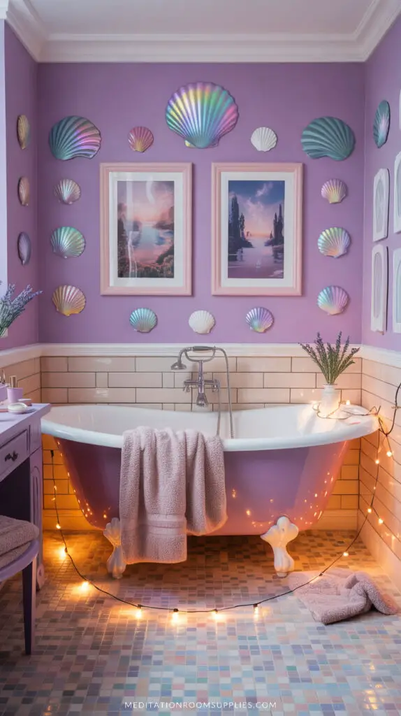 cute bathroom with purple wall and purple freestanding bathtub