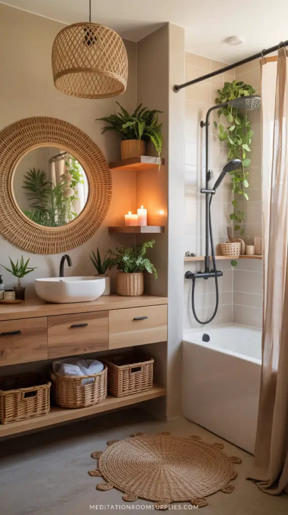 neutral bathroom with wooden vanity and round rattan mirror