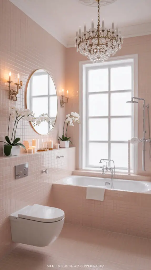 pink aesthetic bathroom with bathtub and white flowers