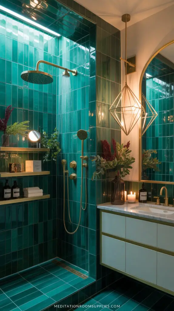 aesthetic bathroom with teal tiles and gold light fixture