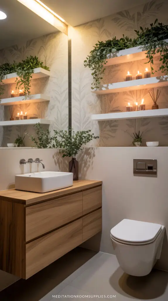 small half bathroom with floating shelves and wooden vanity