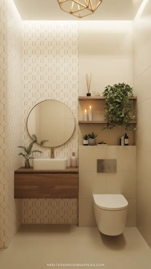 small bathroom with round mirror and wooden vanity
