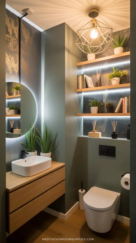 half bathroom with modern look geometric light fixture