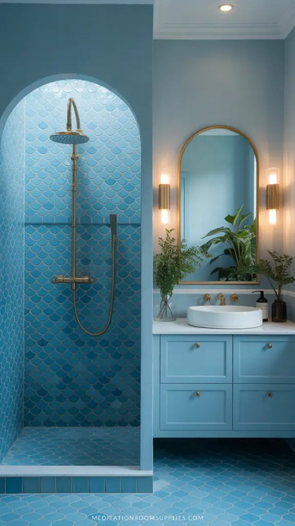 blue bathroom with mermaid tile, blue vanity