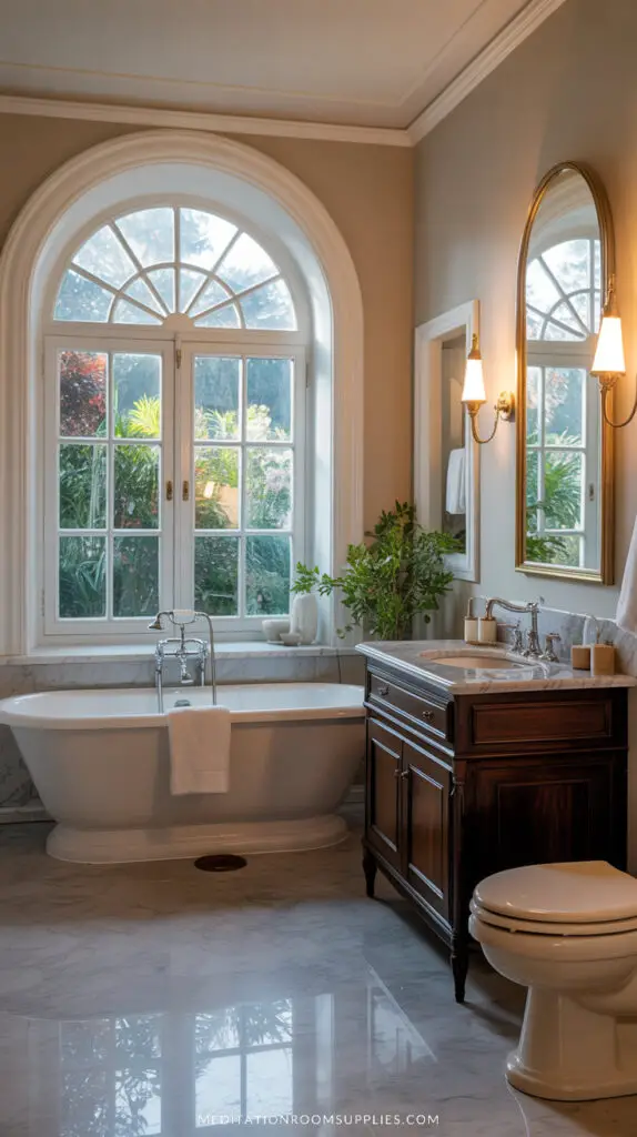 ensuite bathroom with tub wooden vanity and elegant arched window