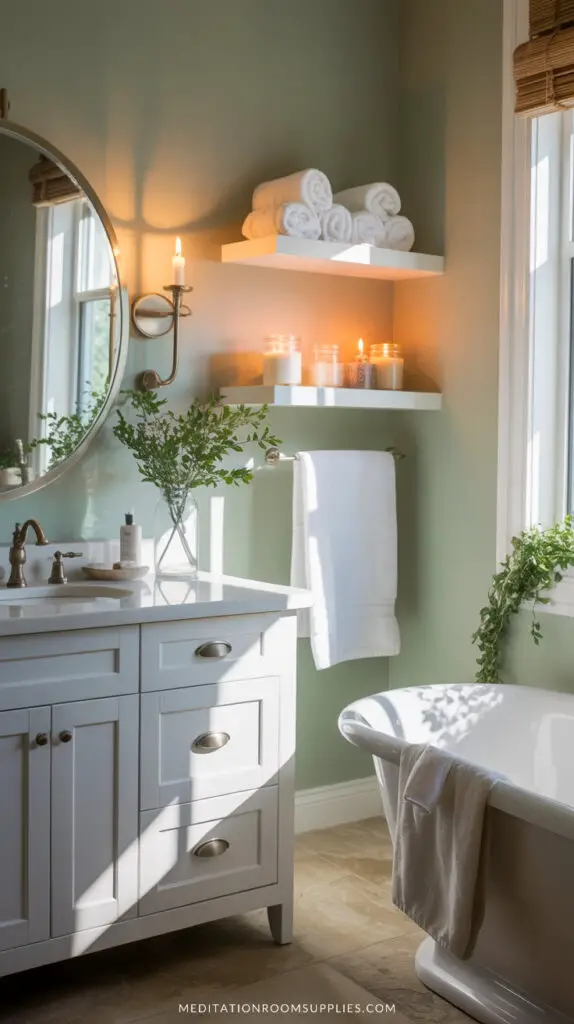 green bathroom with bathtub and floating shelves