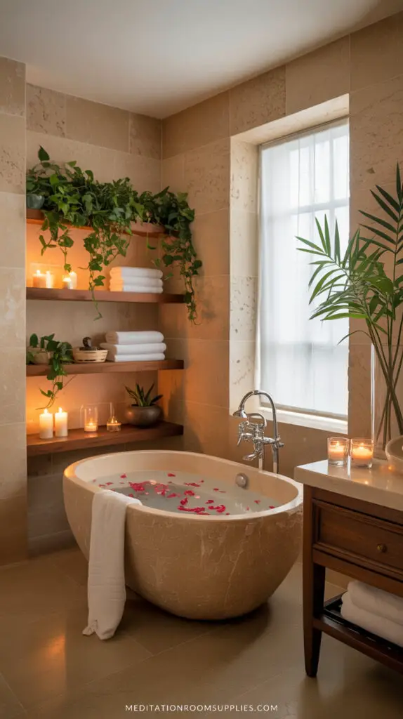 spa bathroom with stone bathtub , wooden floating shelves with candles