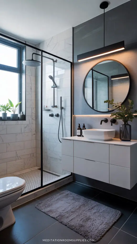 small full bathroom with modern look round mirror floating vanity