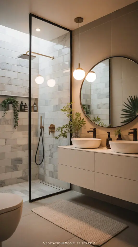 modern bathroom with round mirror double sink black hardware