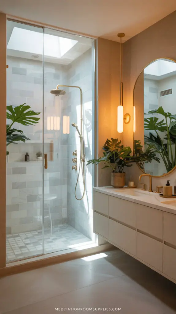 primary bathroom ideas with modern look oval long mirror and floating vanity