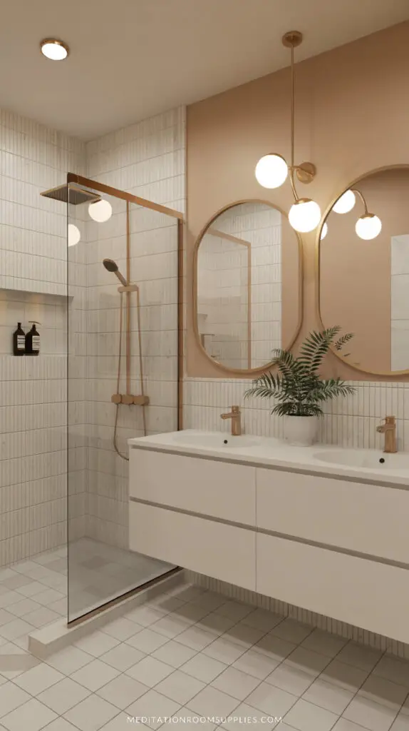 modern bathroom with double sink oval mirrors and white and gold decor