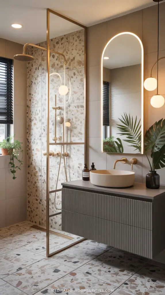 terrazzo tile bathroom with gray vanity gold arched mirror