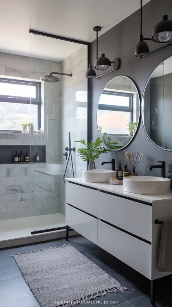 double vanity modern bathroom with marble tile