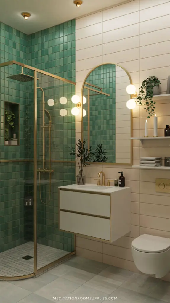 bathroom inspo with green tiles and white and gold floating vanity
