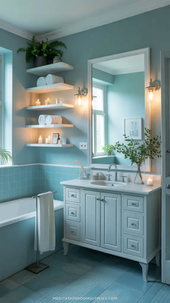 guest bathroom with blue walls tub and floating shelves
