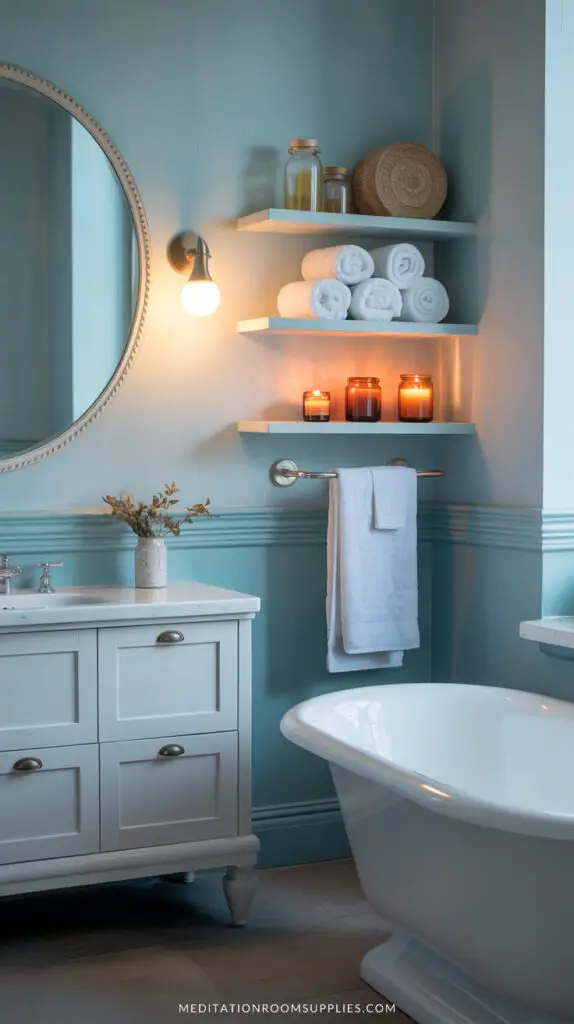 cozy bathroom with floating shelves and bathtub