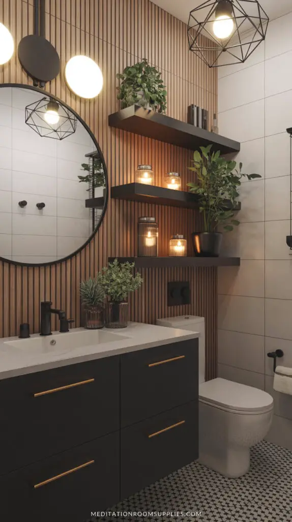 tiny bathroom with wooden wall panels black vanity and floating shelves
