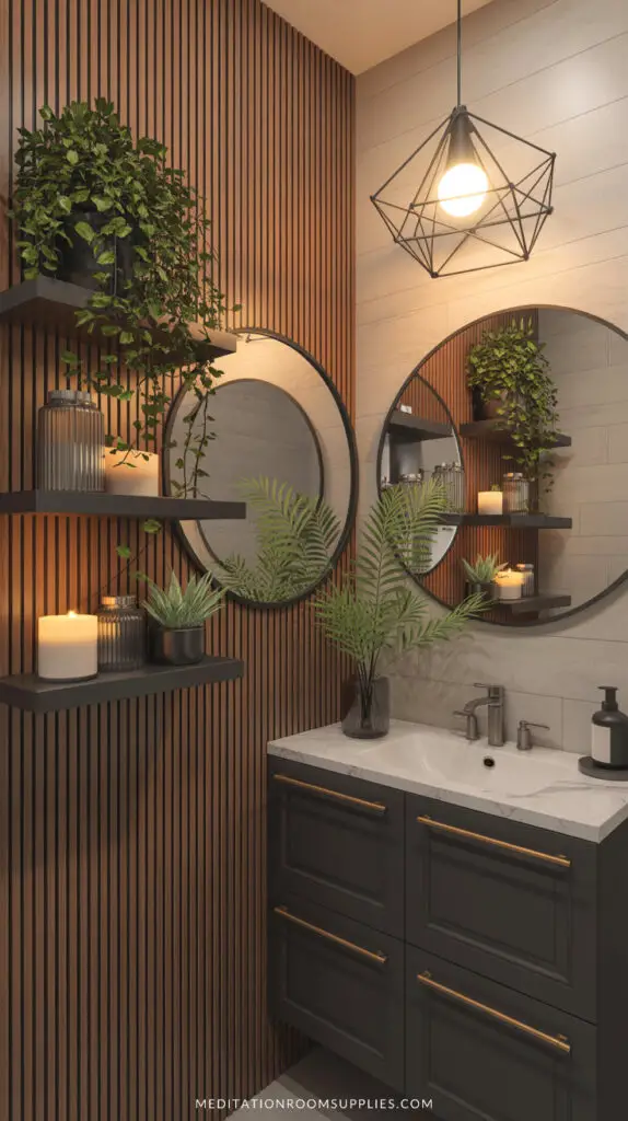 bathroom with modern look and wooden panels on the wall , black vanity