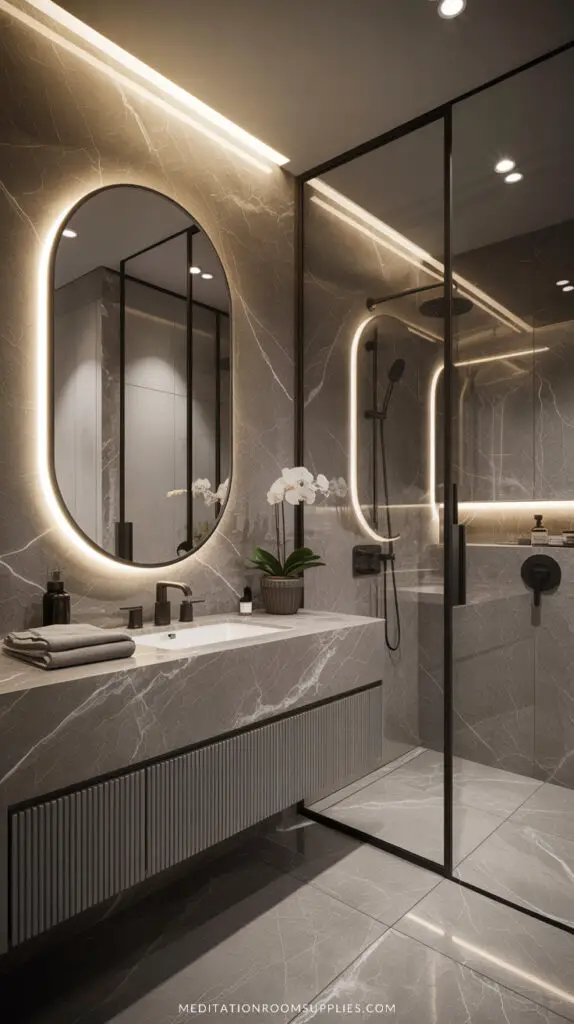 modern gray bathroom with shower and floating vanity