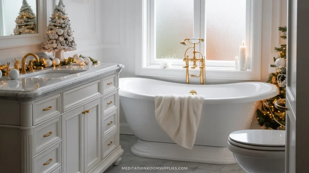 christmas bathroom decor with white and gold xmas colors