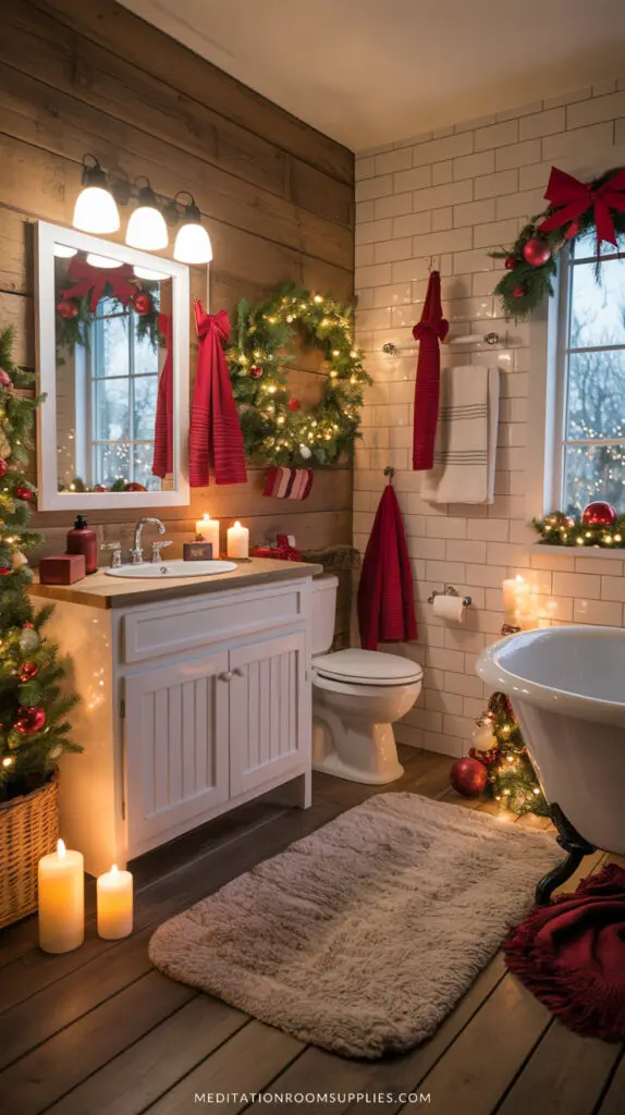 Red christmas bathroom decor with wreath with red towels