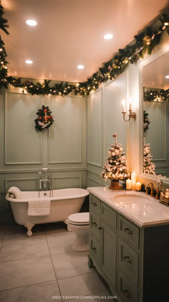 green christmas bathroom decor with wreath on top of bathtub