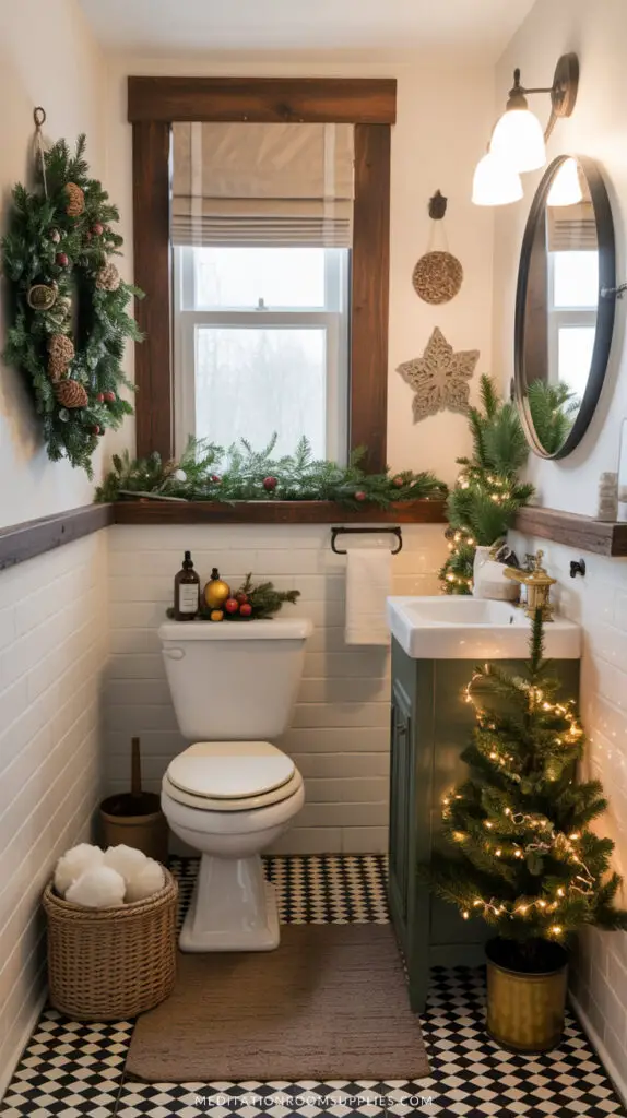 rustic christmas bathroom decor with wreath next to toilet