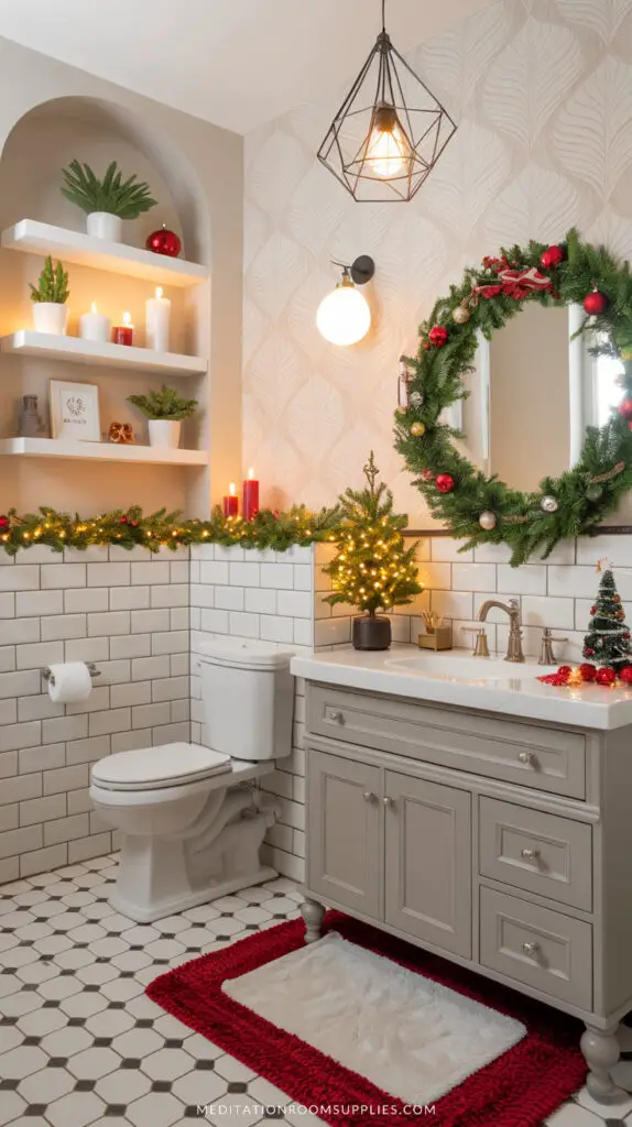 christmas bathroom decor inspiration with wreath around mirror
